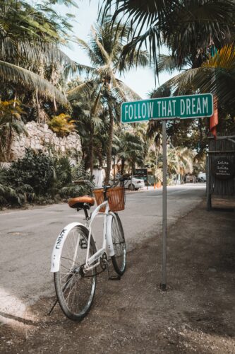 bicycle with basket next to a street sign that reads 