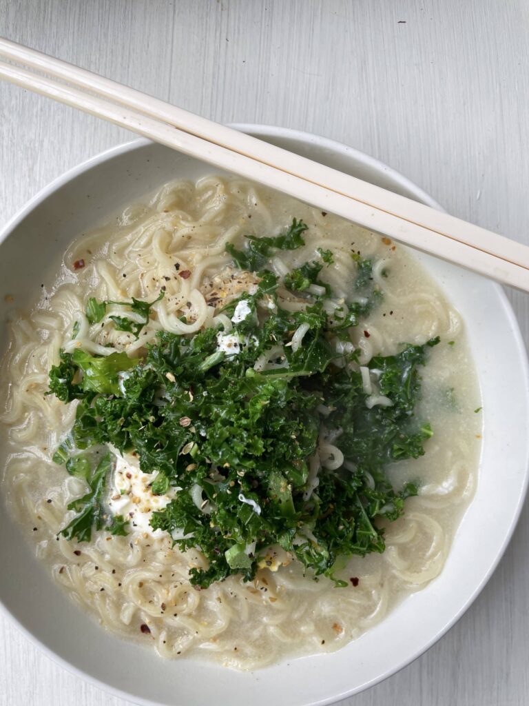 ramen for dinner in a bowl with chopsticks