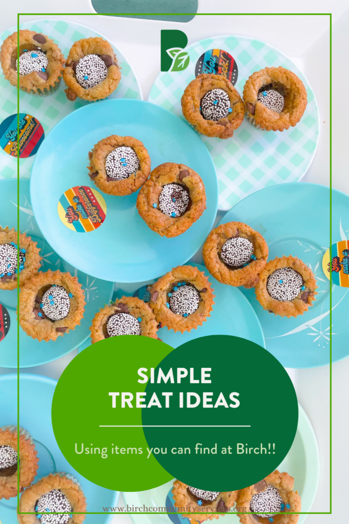 blondie bites with chocolate candies on blue plates with text overlay that reads "Simple Treat Ideas: From items you can find at Birch"