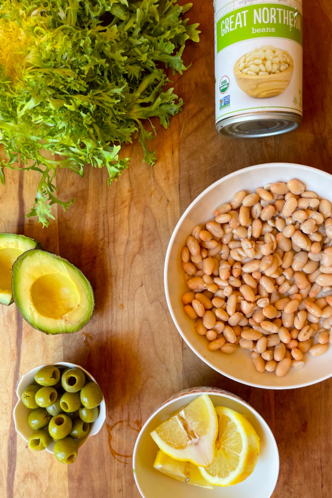 avocado, green olives, lemons, cannellini beans, lettuce