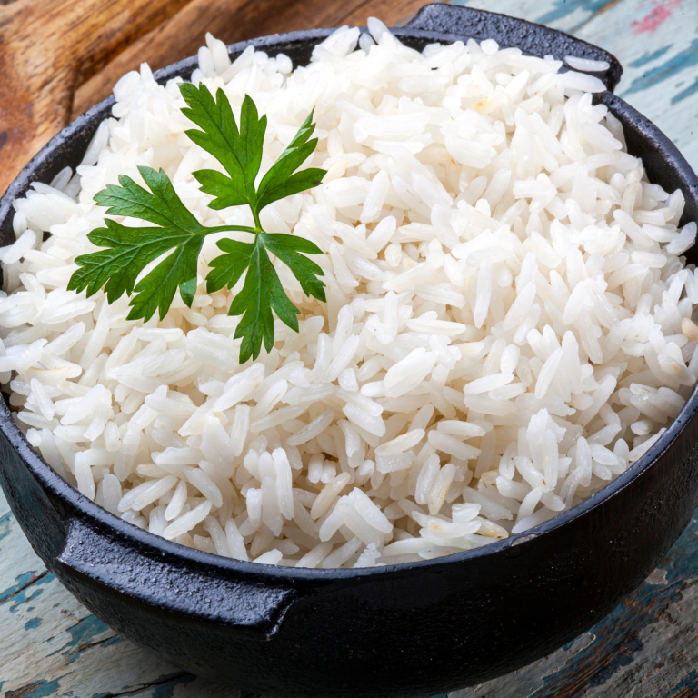 cooked white rice in black bowl