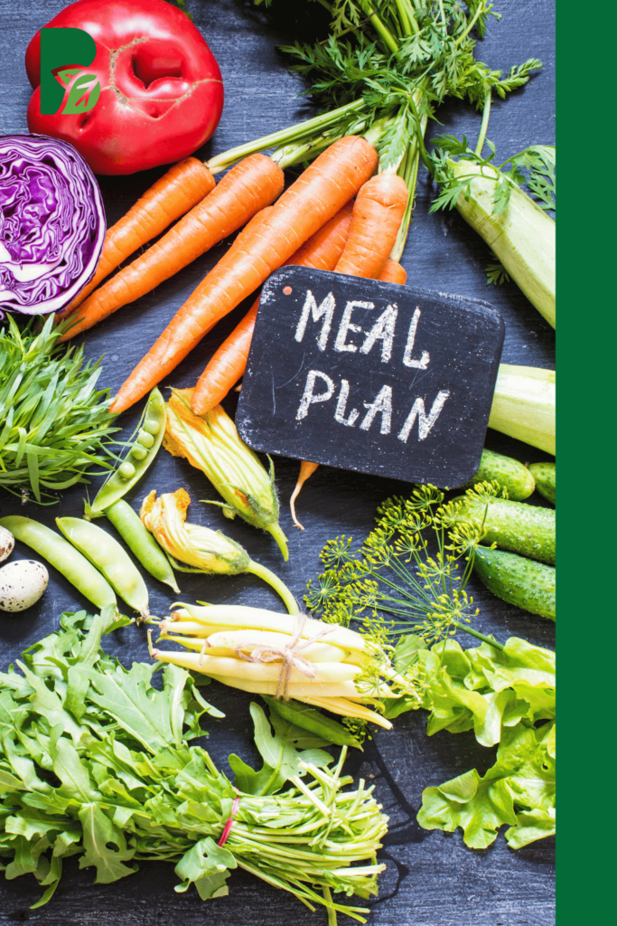 vegetables and sign that reads "meal plan"