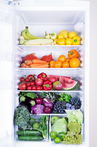 fruits and vegetables in a refrigerator