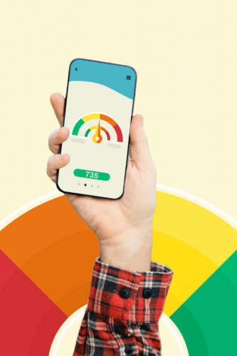 phone being held in the air with a gauge shown with green, yellow and red sections.