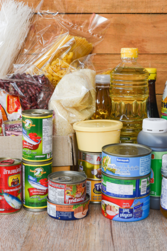 canned and other grocery items on a table