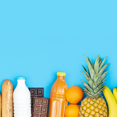 groceries lined up with blue background