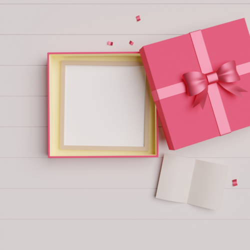 opened gift box with pink wrap and bow
